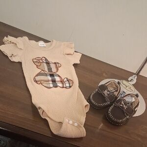 Rising Star Beige Plaid Bear Bodysuit